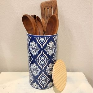8" utensil canister crock and teak wood utensils